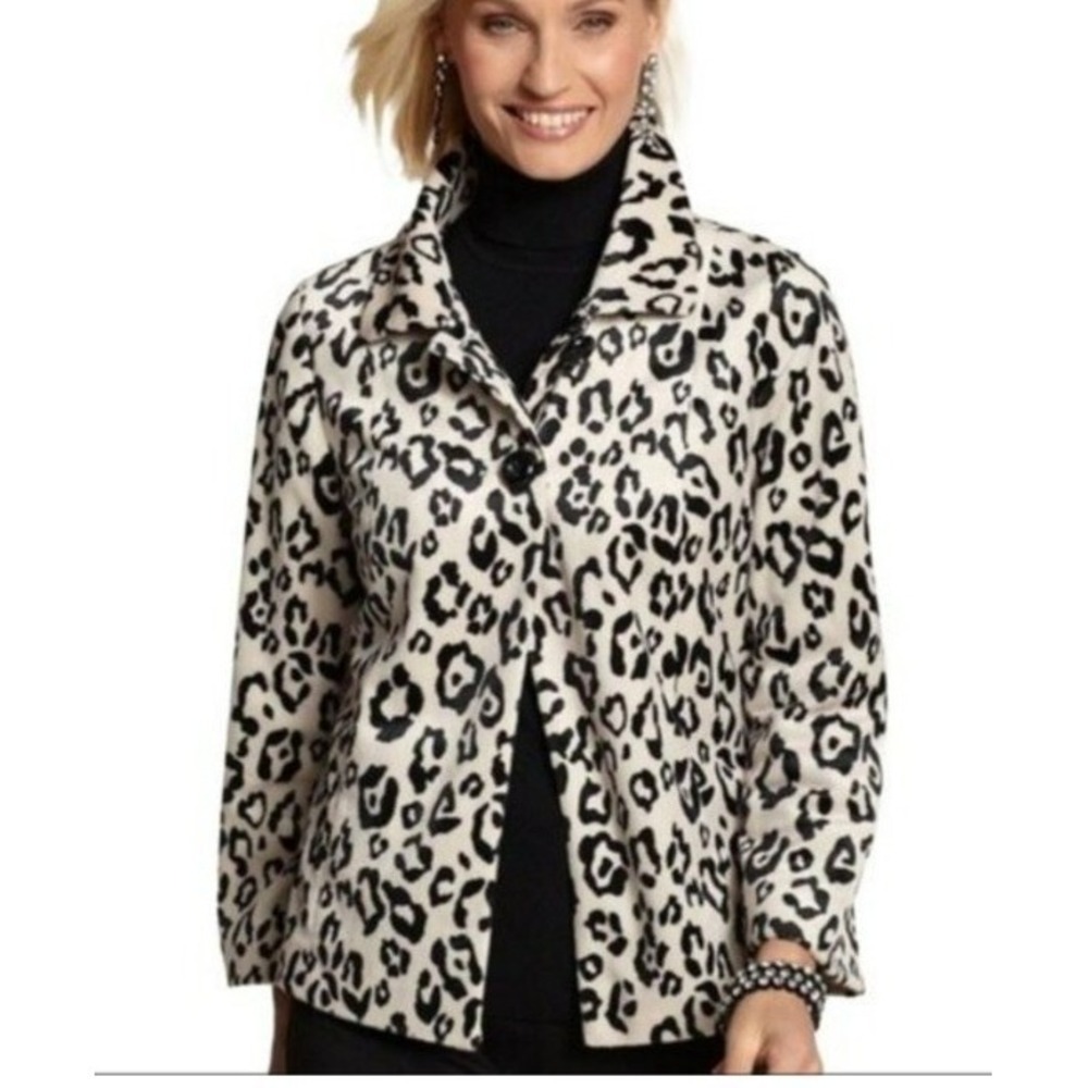 Chico's Snow Leopard Print swing jacket cream blk career office Women SZ M/8